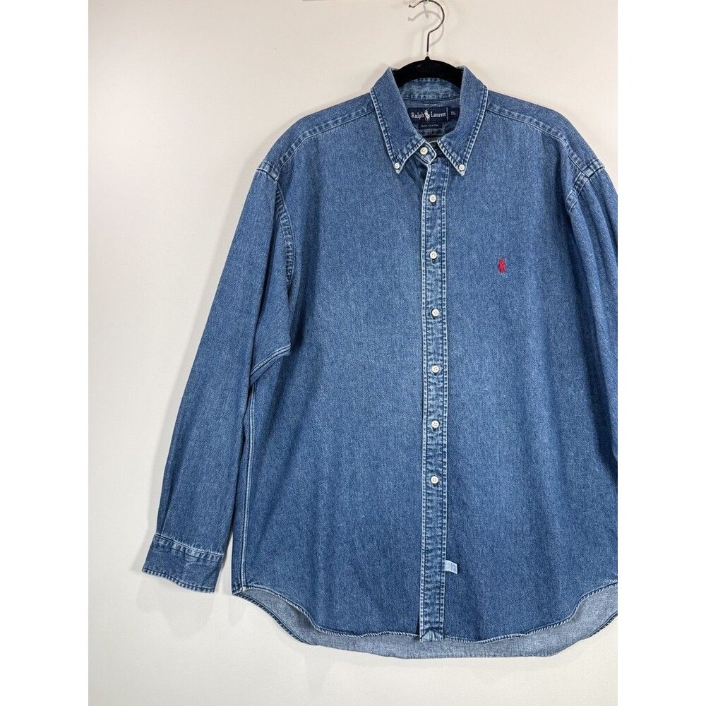 VINTAGE Ralph Lauren Mens Denim Shirt Blue Button Down Long Sleeve Pony 90s XL - Picture 4 of 10